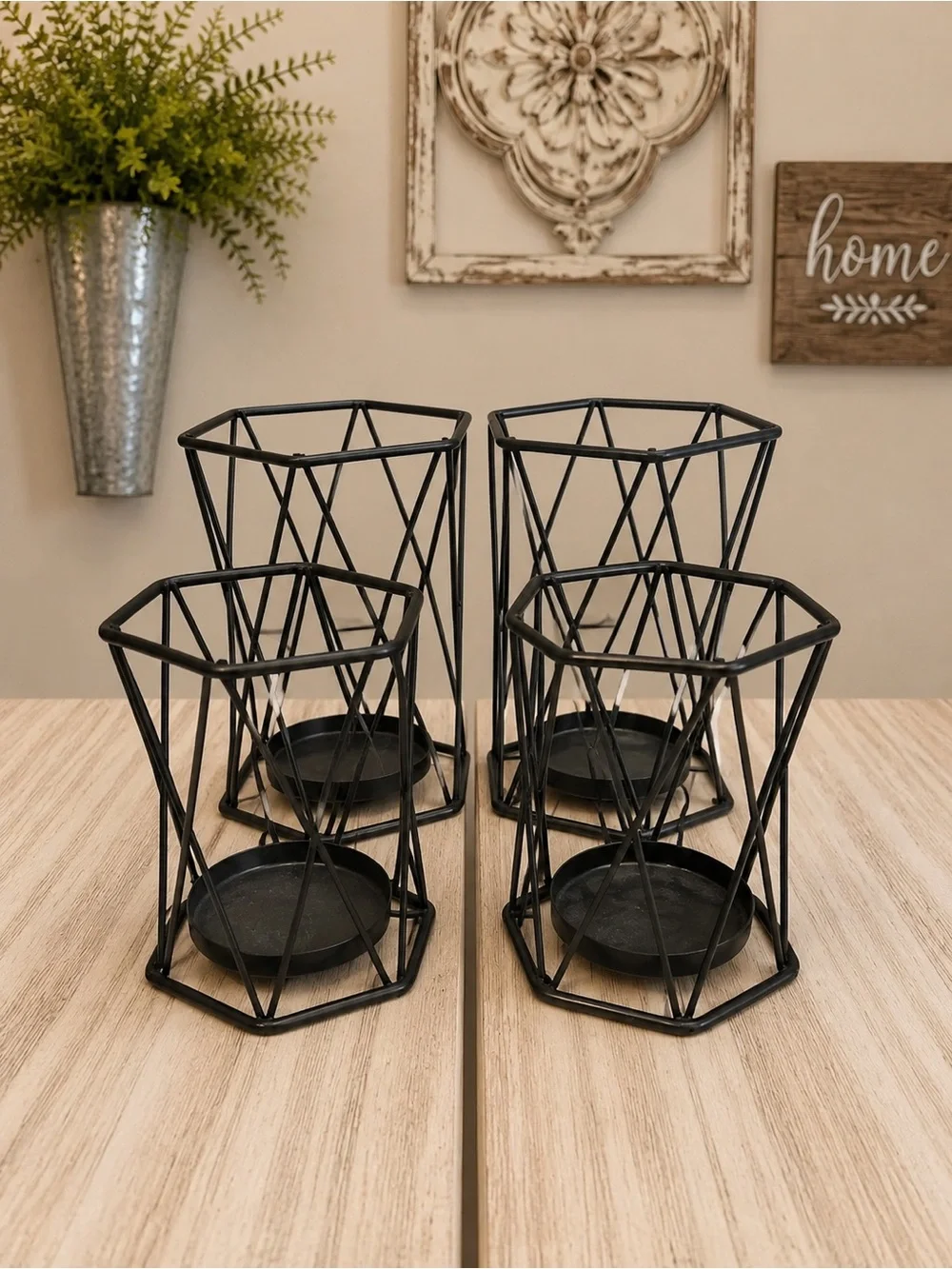 Set of 4 Black Metal Geometric Candle Holders Modern Farmhouse Decor